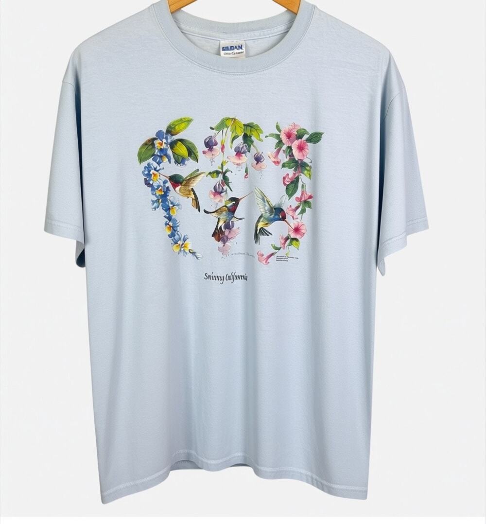 Vintage 90s Solvang California Hummingbird Souvenir Light Blue Large T-Shirt